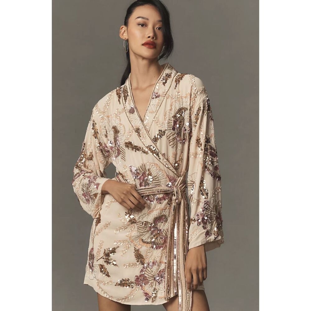 NWT Mac Duggal Long-Sleeve Beaded Floral Wrap Mini Dress Size S $498